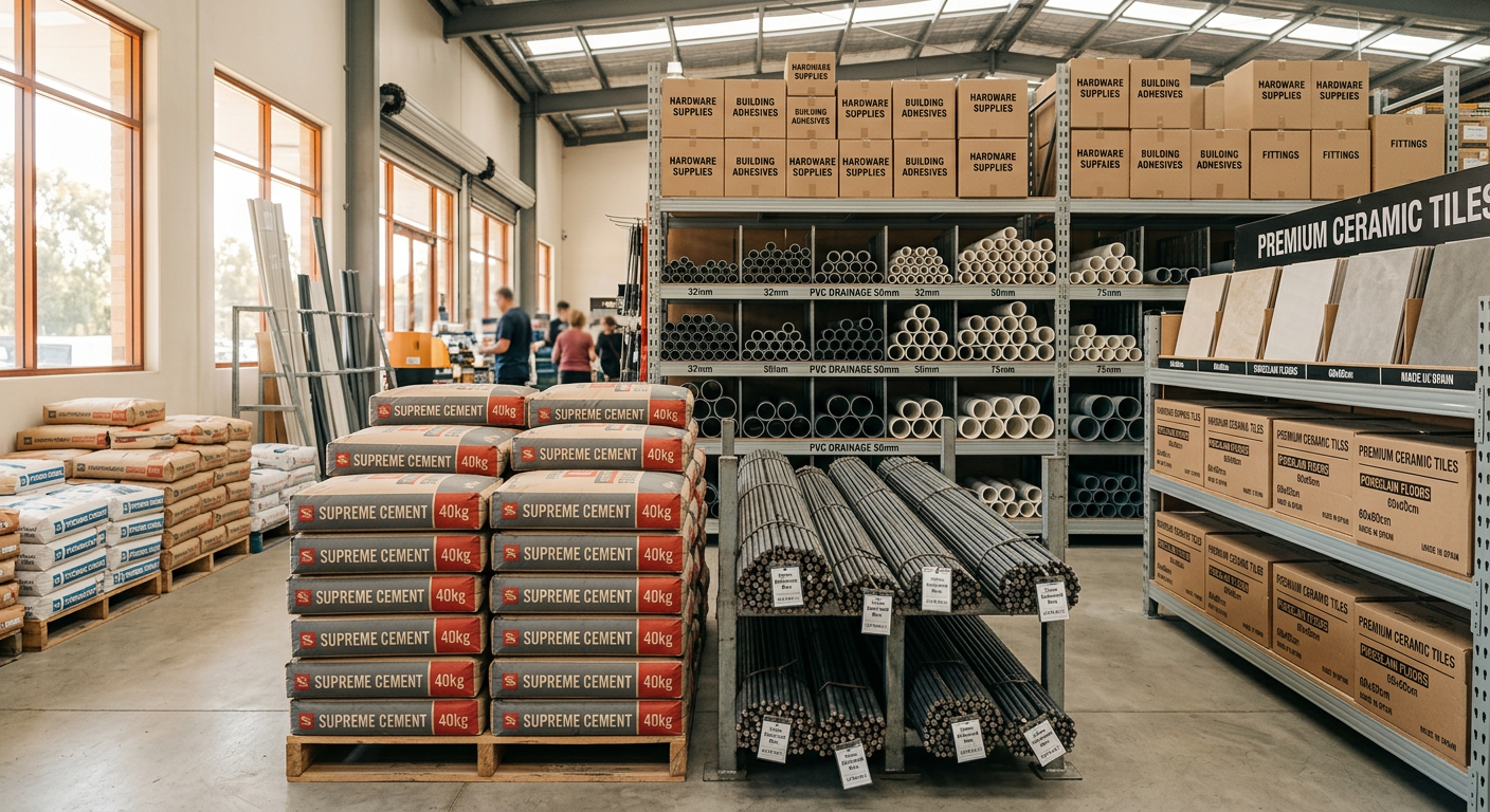 Cement bags, iron rods and plumbing pipes in a hardware store