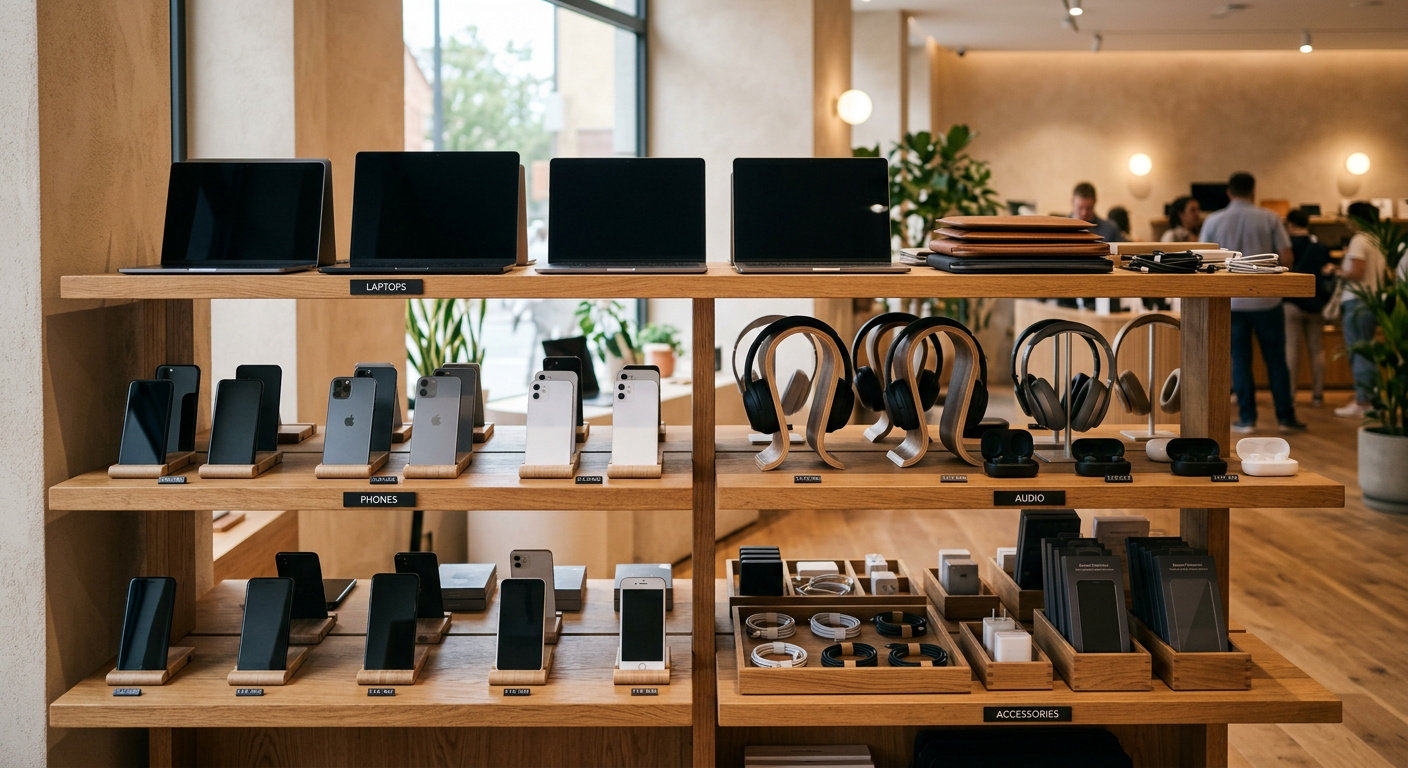 Phones, laptops and accessories on retail shelves