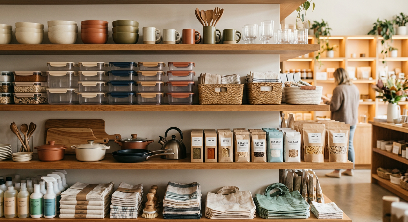 Stacked household merchandise on shelves
