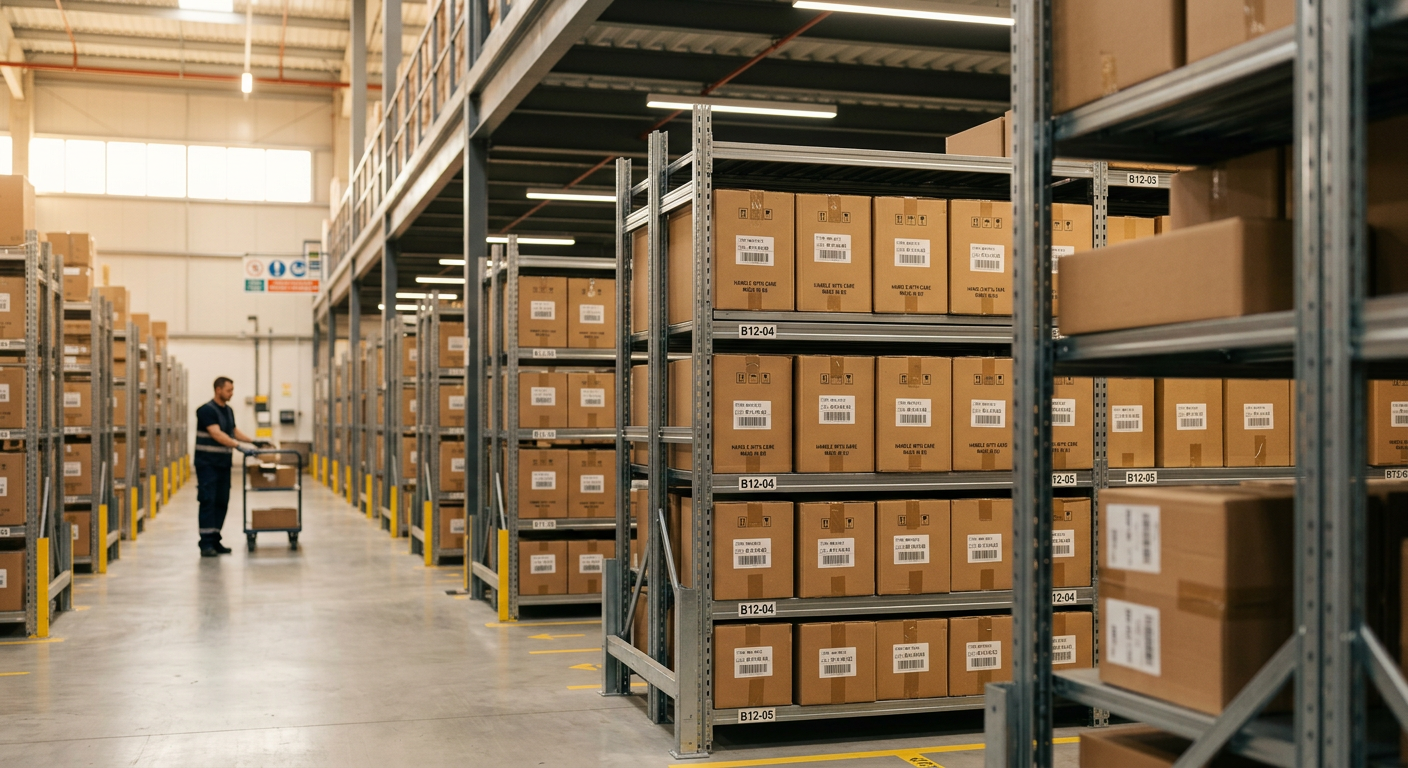 Warehouse shelving stacked with cartons